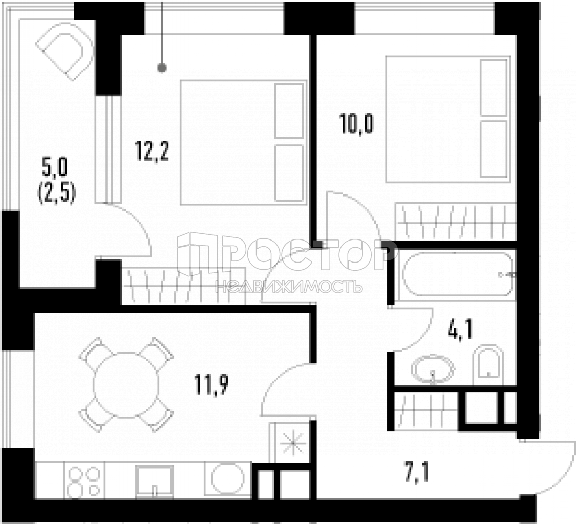 2-комнатная квартира, 47.8 м² - фото 2
