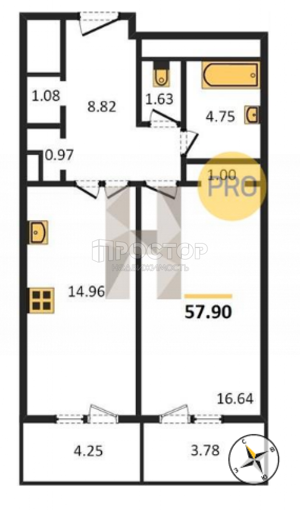 1-комнатная квартира, 57.9 м² - фото 6