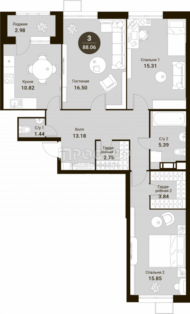 3-комнатная квартира, 89 м² - фото 11