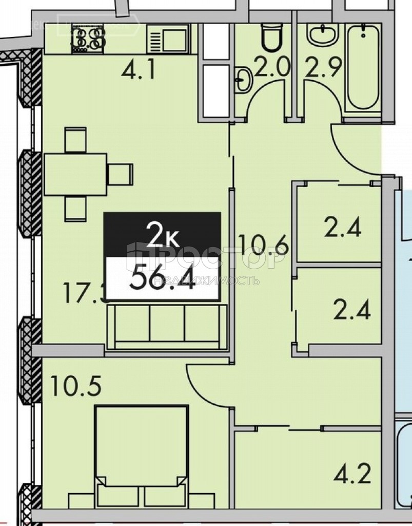 2-комнатная квартира, 56.4 м² - фото 2