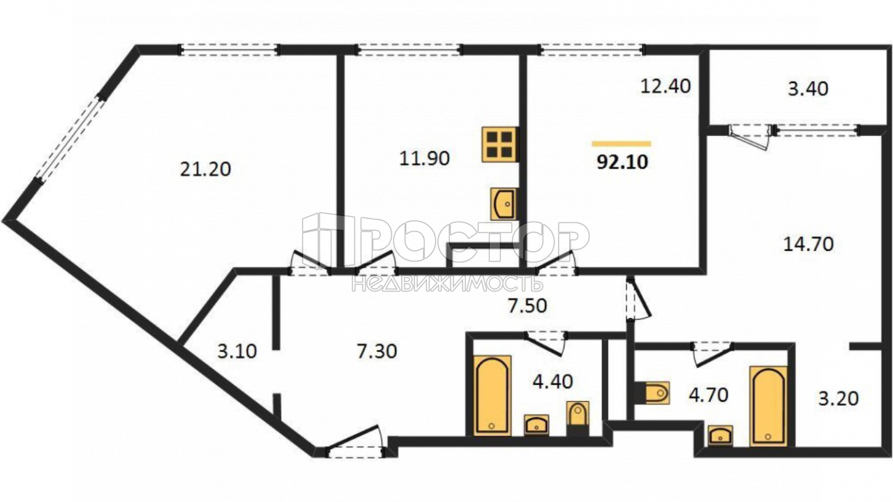 3-комнатная квартира, 92.1 м² - фото 2