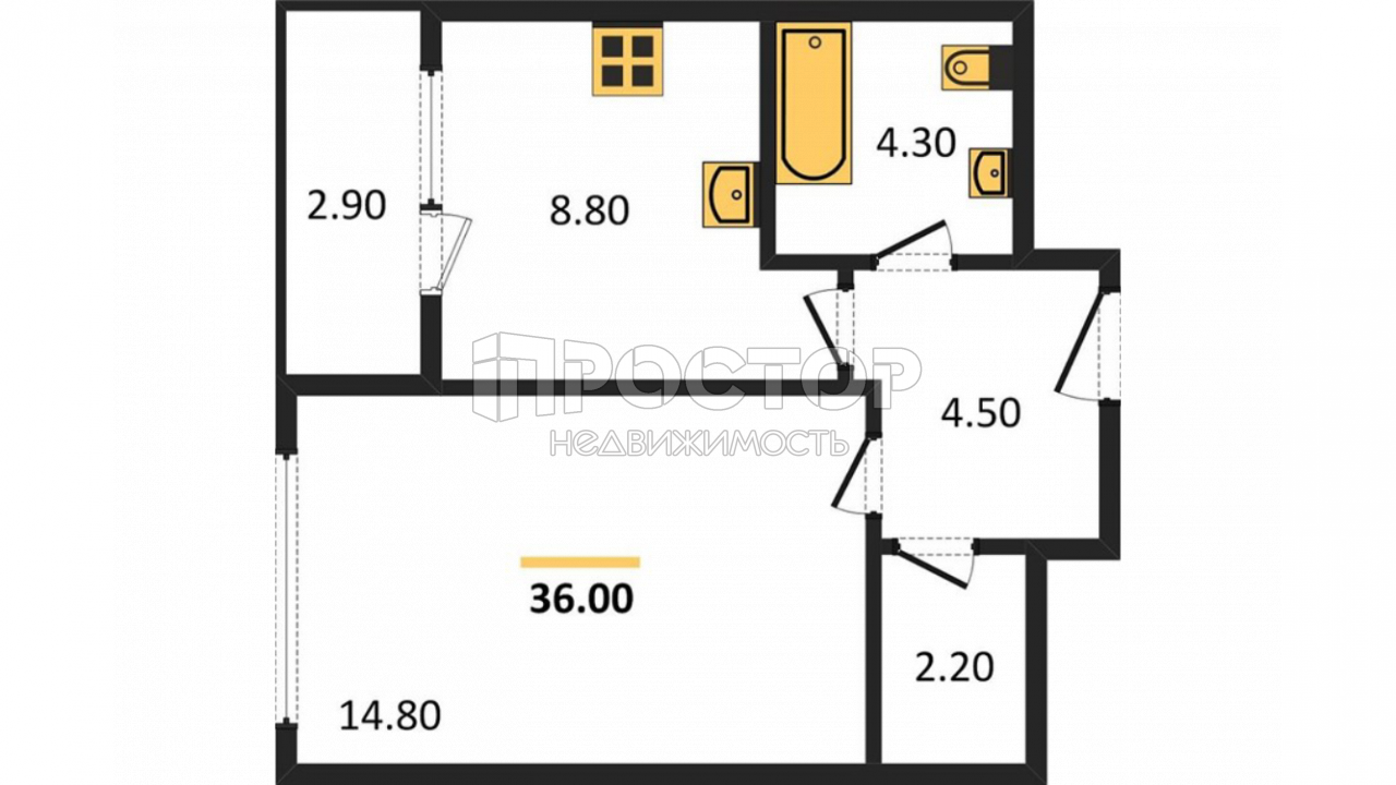 1-комнатная квартира, 36 м² - фото 2