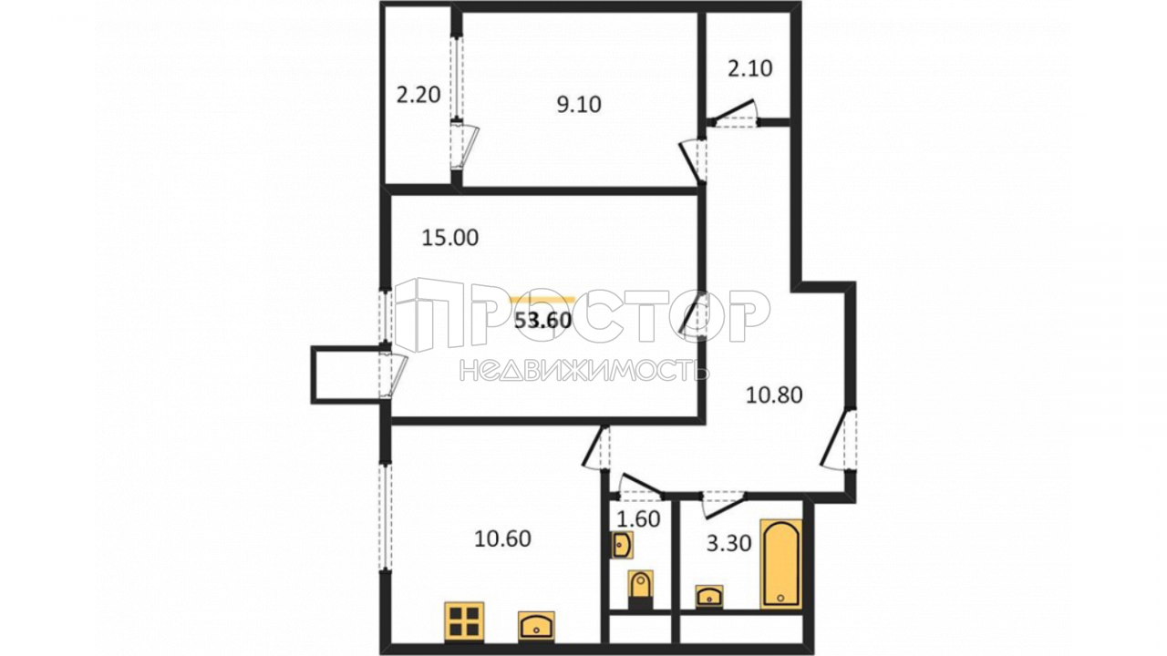 2-комнатная квартира, 53.6 м² - фото 2