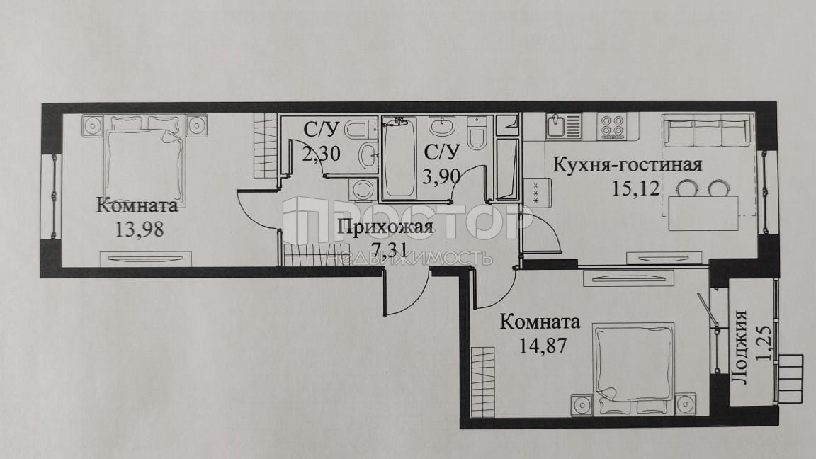 3-комнатная квартира, 57.24 м² - фото 2