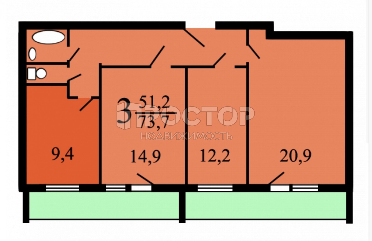 3-комнатная квартира, 73.7 м² - фото 25