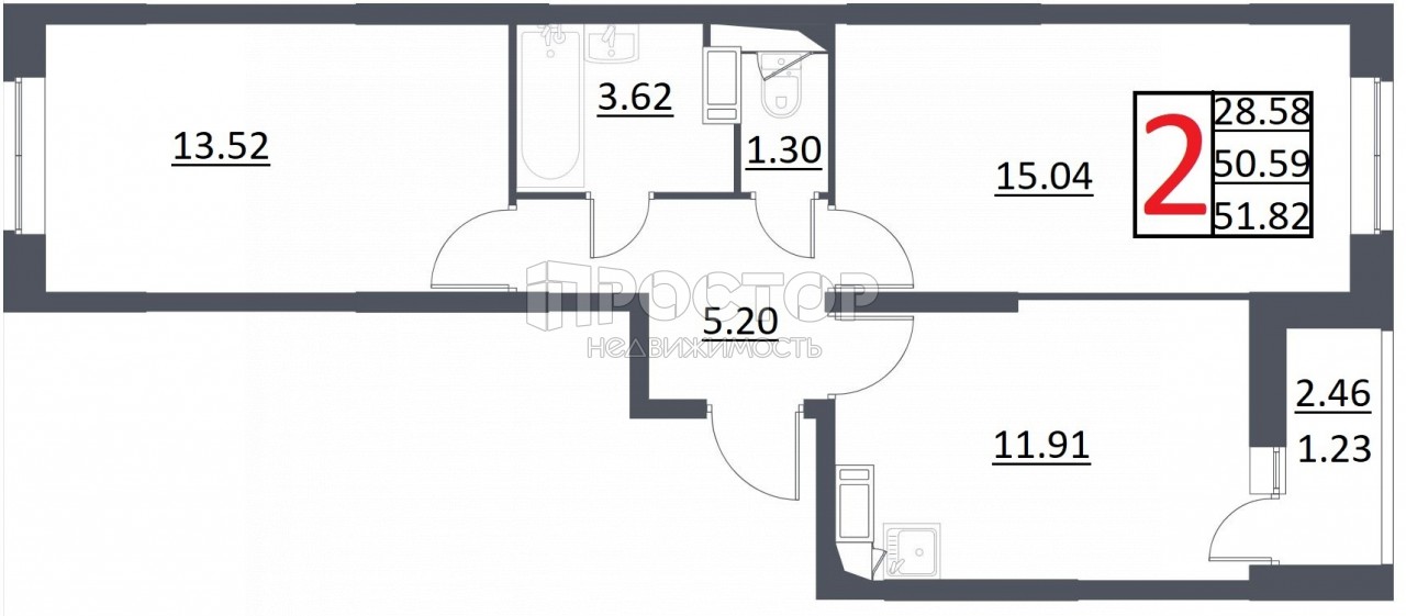 2-комнатная квартира, 52 м² - фото 3