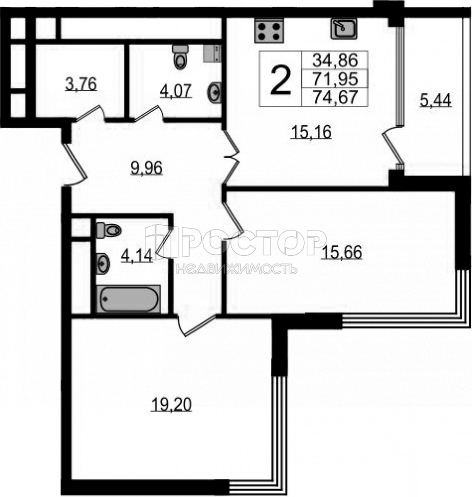 2-комнатная квартира, 71.95 м² - фото 3