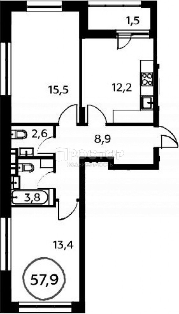 2-комнатная квартира, 57.9 м² - фото 5
