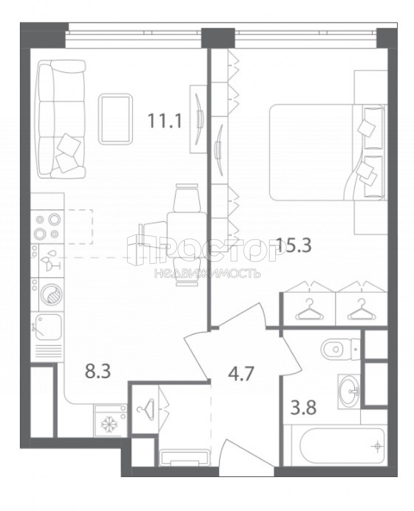 1-комнатная квартира, 43.2 м² - фото 7