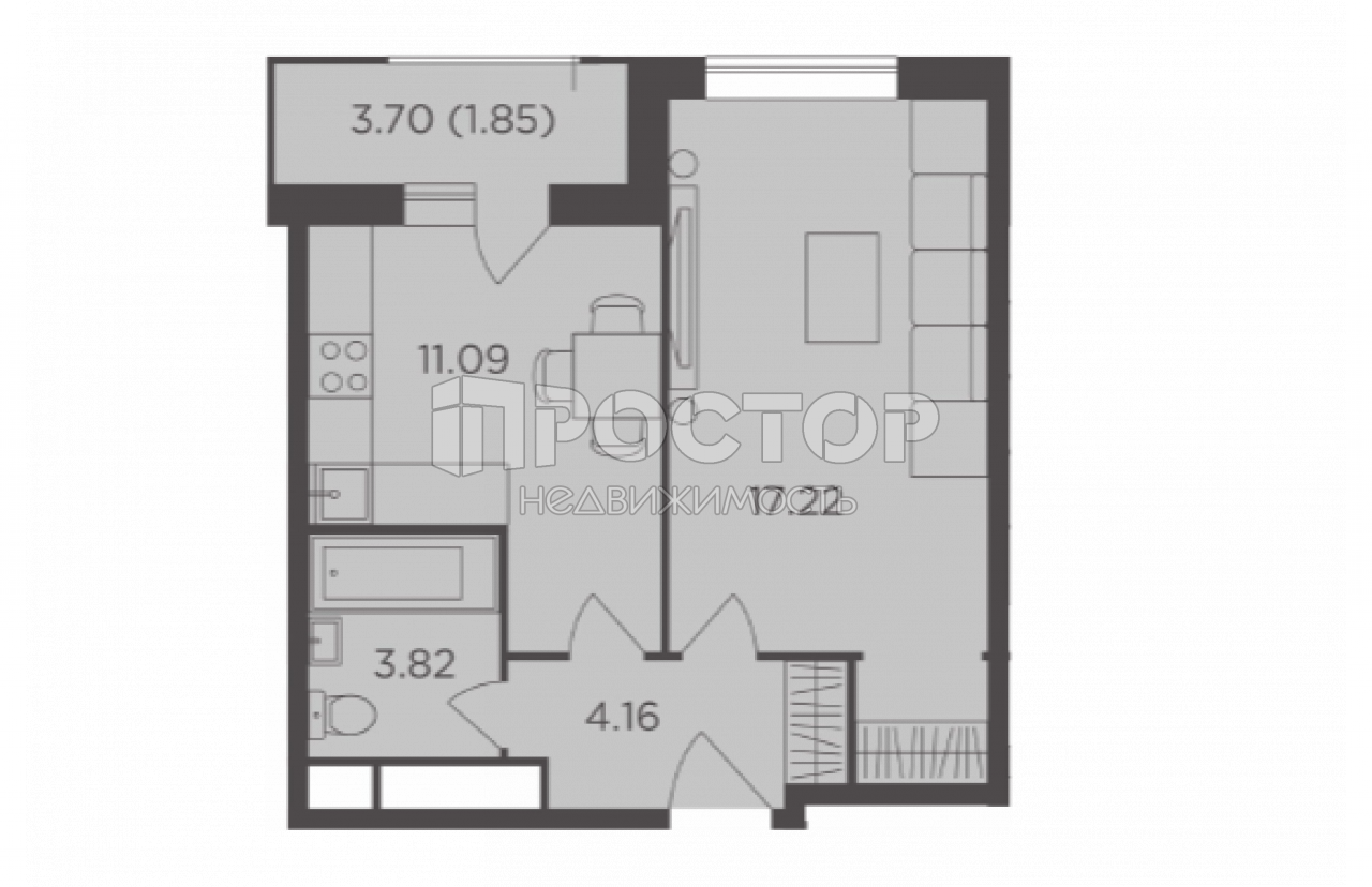 1-комнатная квартира, 38.14 м² - фото 2