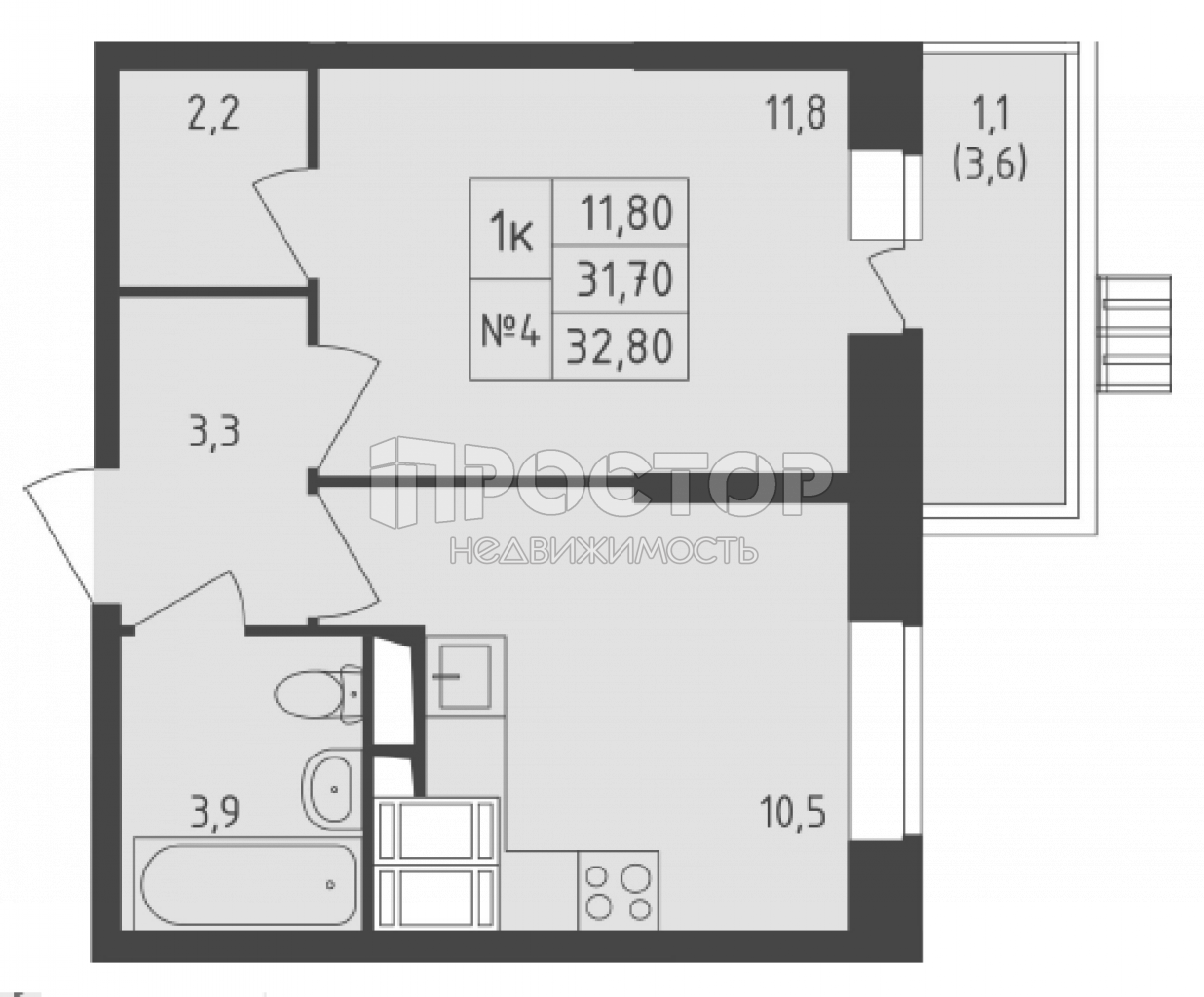 1-комнатная квартира, 33.9 м² - фото 7