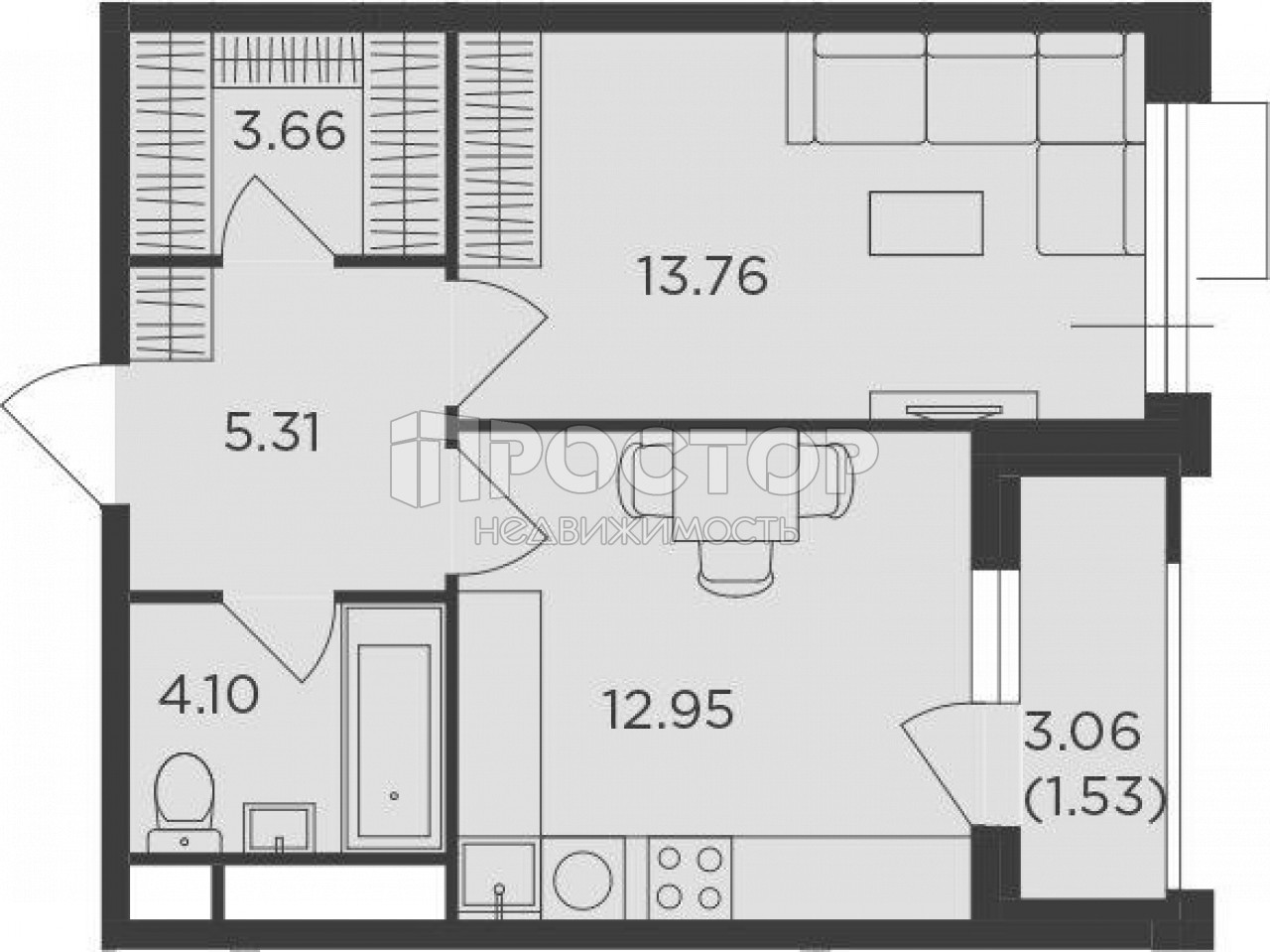 1-комнатная квартира, 41.31 м² - фото 3