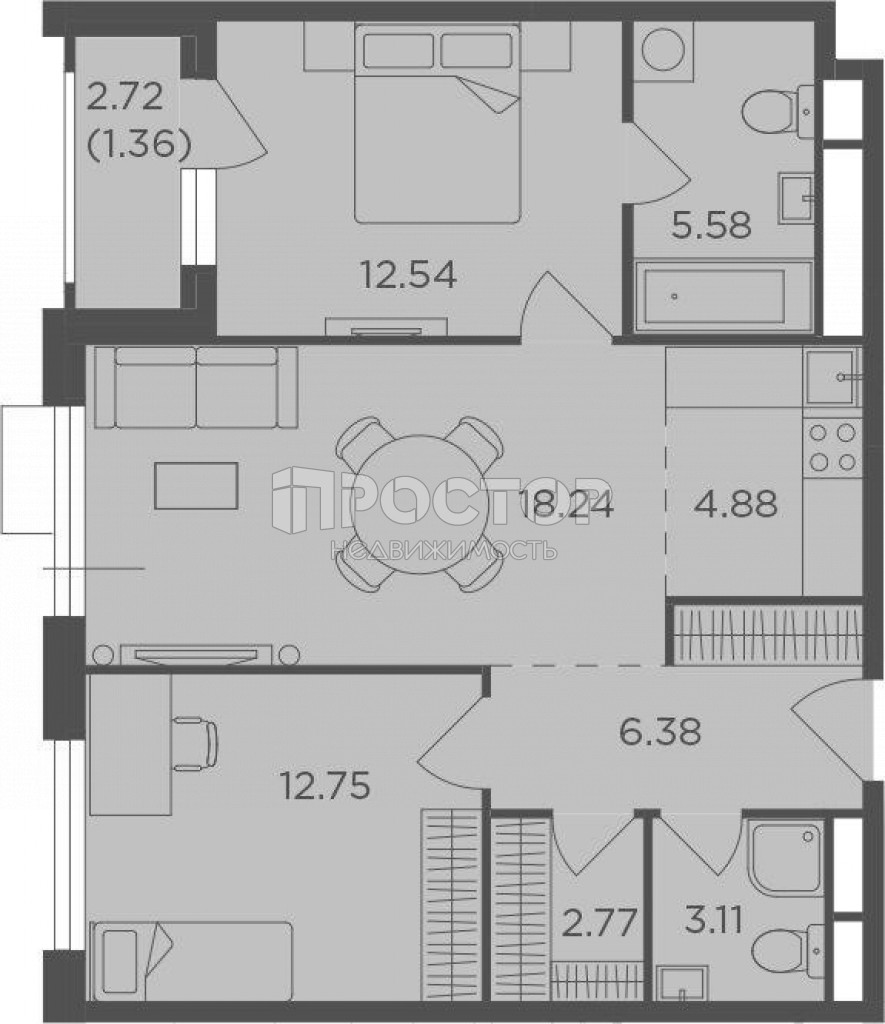 3-комнатная квартира, 67.61 м² - фото 3