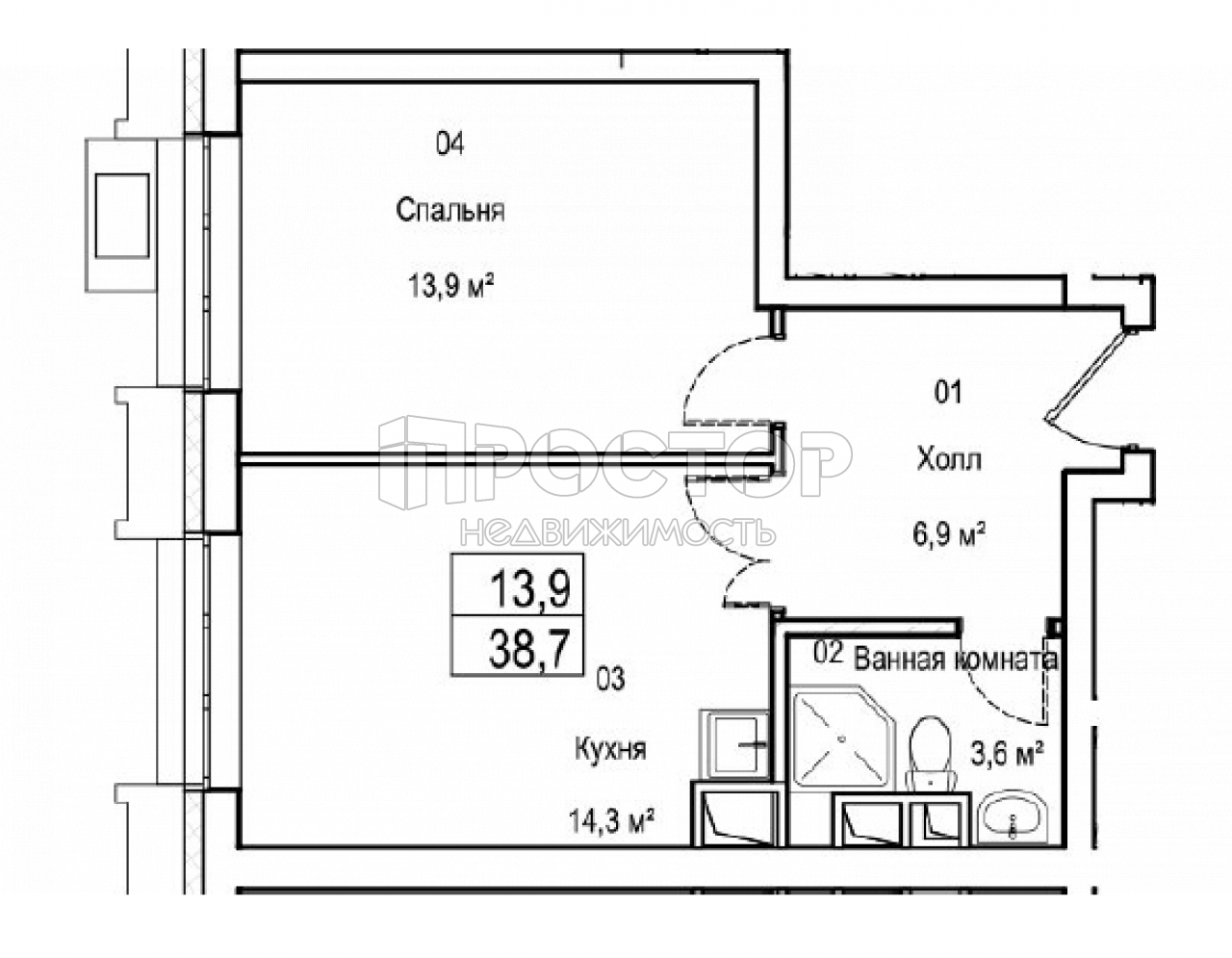 1-комнатная квартира, 38.7 м² - фото 3