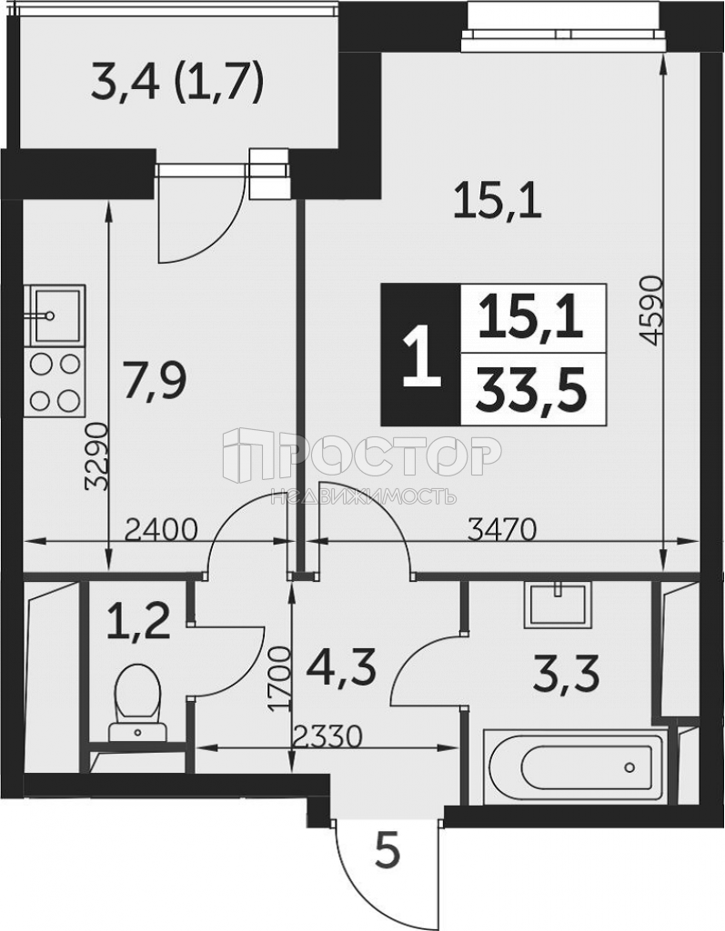 1-комнатная квартира, 33.5 м² - фото 2