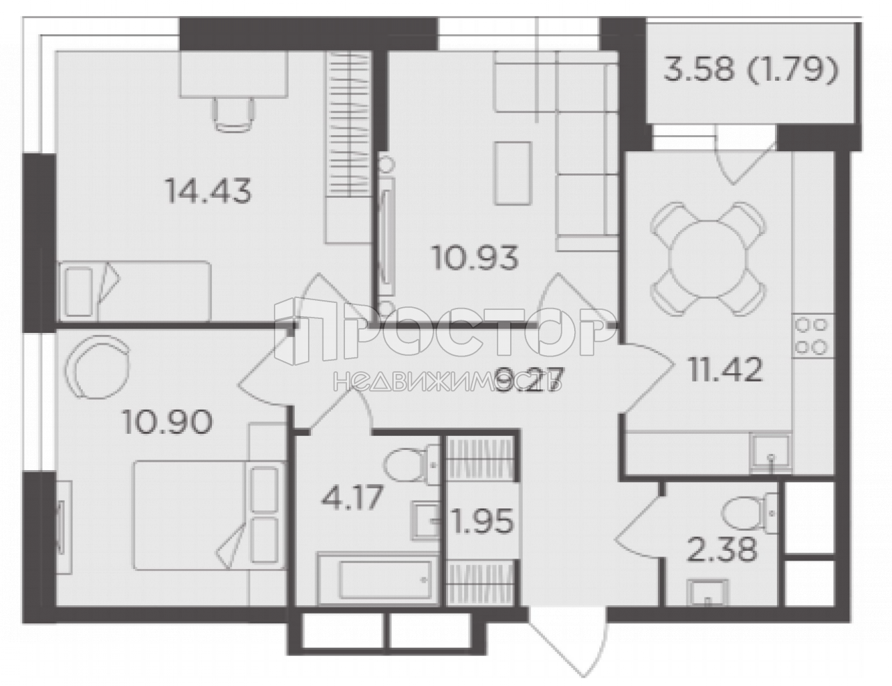 3-комнатная квартира, 67.24 м² - фото 2