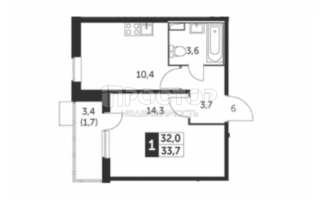 1-комнатная квартира, 33.7 м² - фото 3