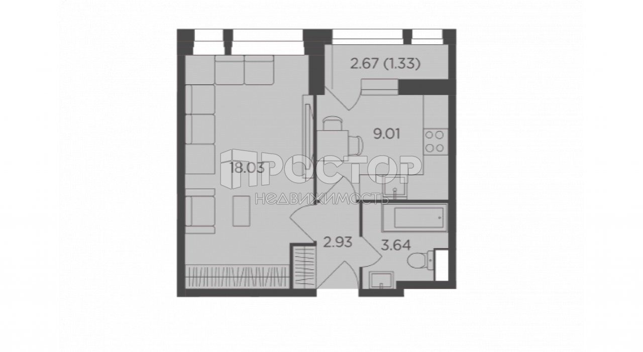 1-комнатная квартира, 34.94 м² - фото 2