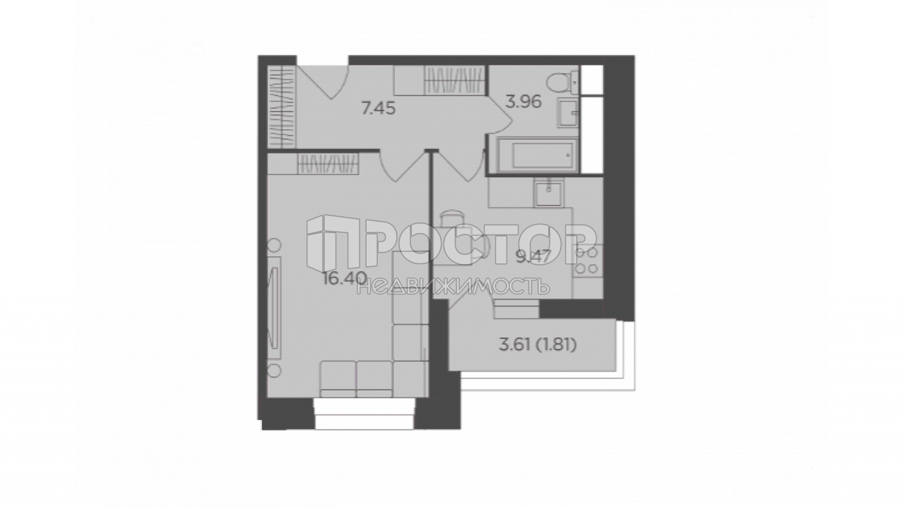 1-комнатная квартира, 39.09 м² - фото 2