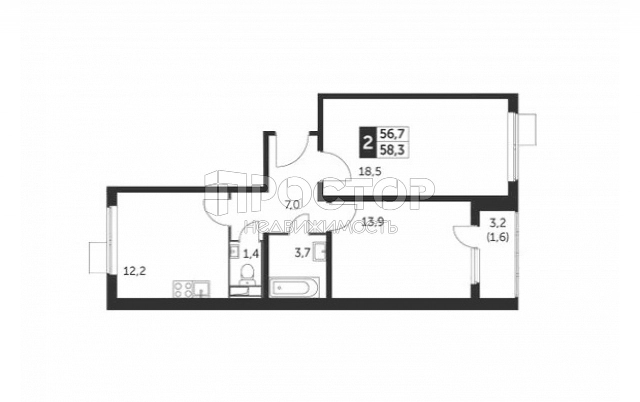 2-комнатная квартира, 58.3 м² - фото 3