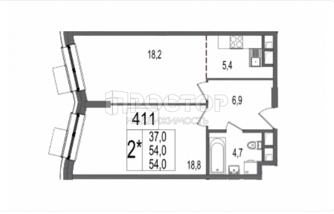 2-комнатная квартира, 54 м² - фото 2