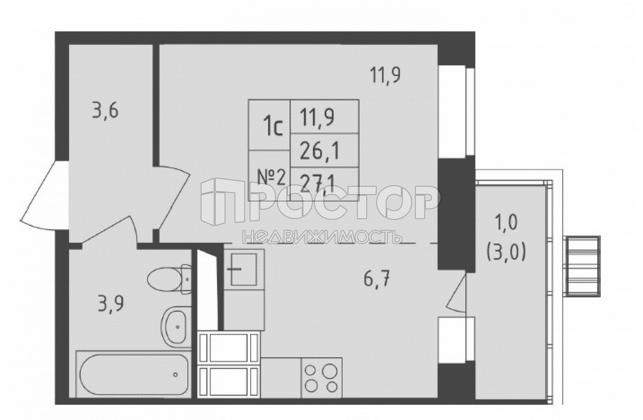 1-комнатная квартира, 27.1 м² - фото 9