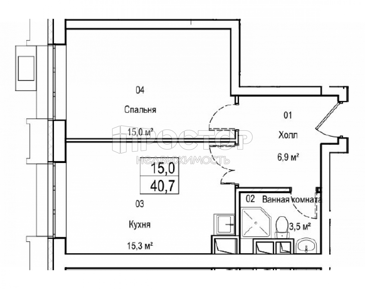 2-комнатная квартира, 40.7 м² - фото 2