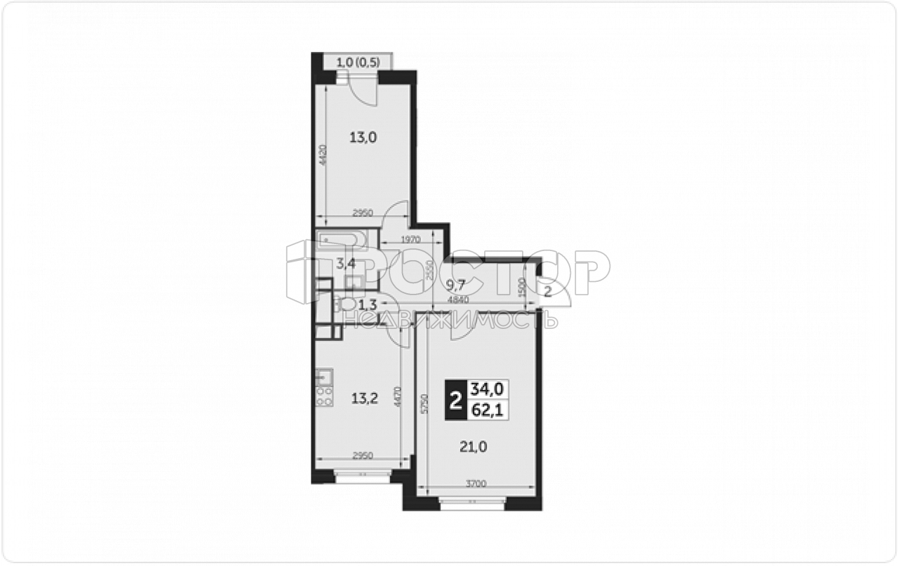 2-комнатная квартира, 62.1 м² - фото 2