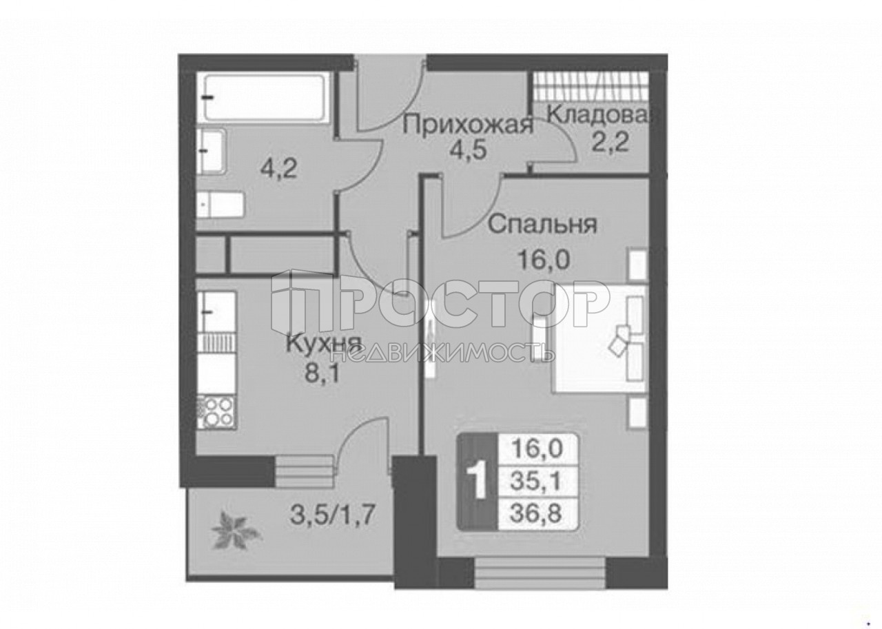 1-комнатная квартира, 36.7 м² - фото 4
