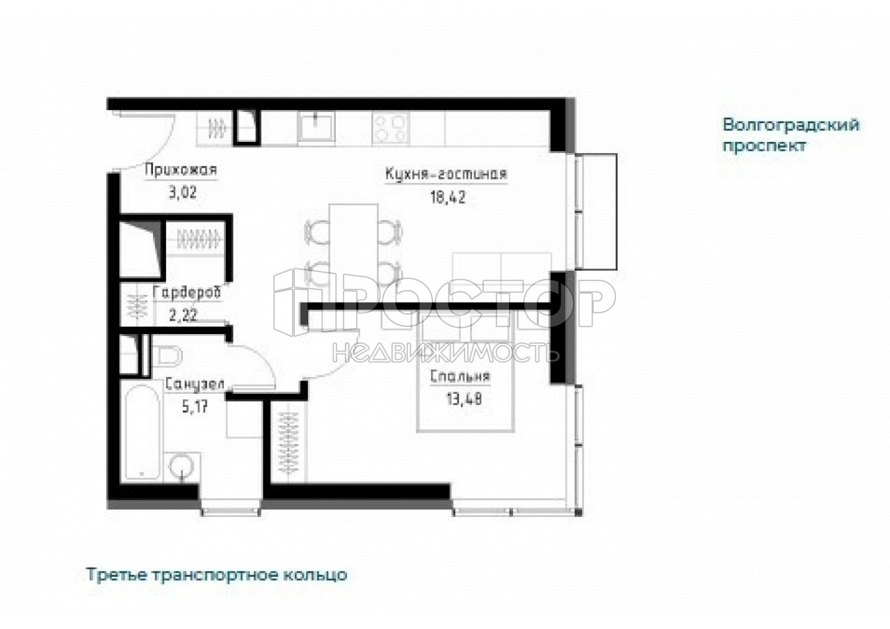 1-комнатная квартира, 42.3 м² - фото 2