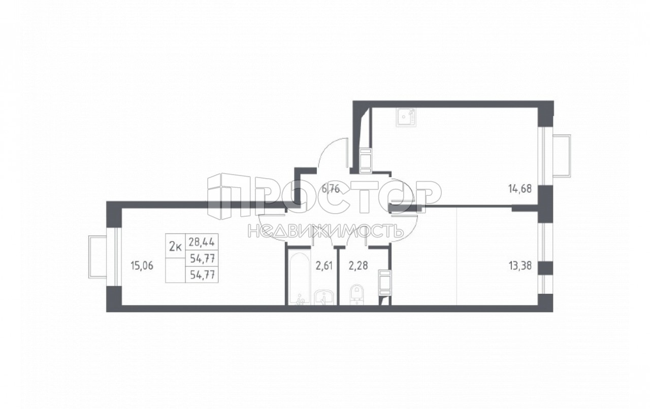 2-комнатная квартира, 54.77 м² - фото 3