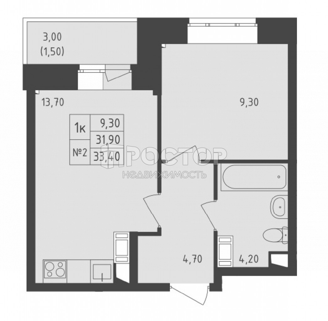 1-комнатная квартира, 33.4 м² - фото 4