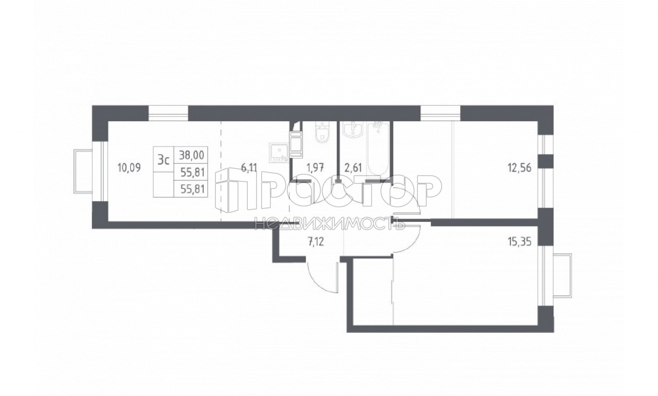 3-комнатная квартира, 55.81 м² - фото 5