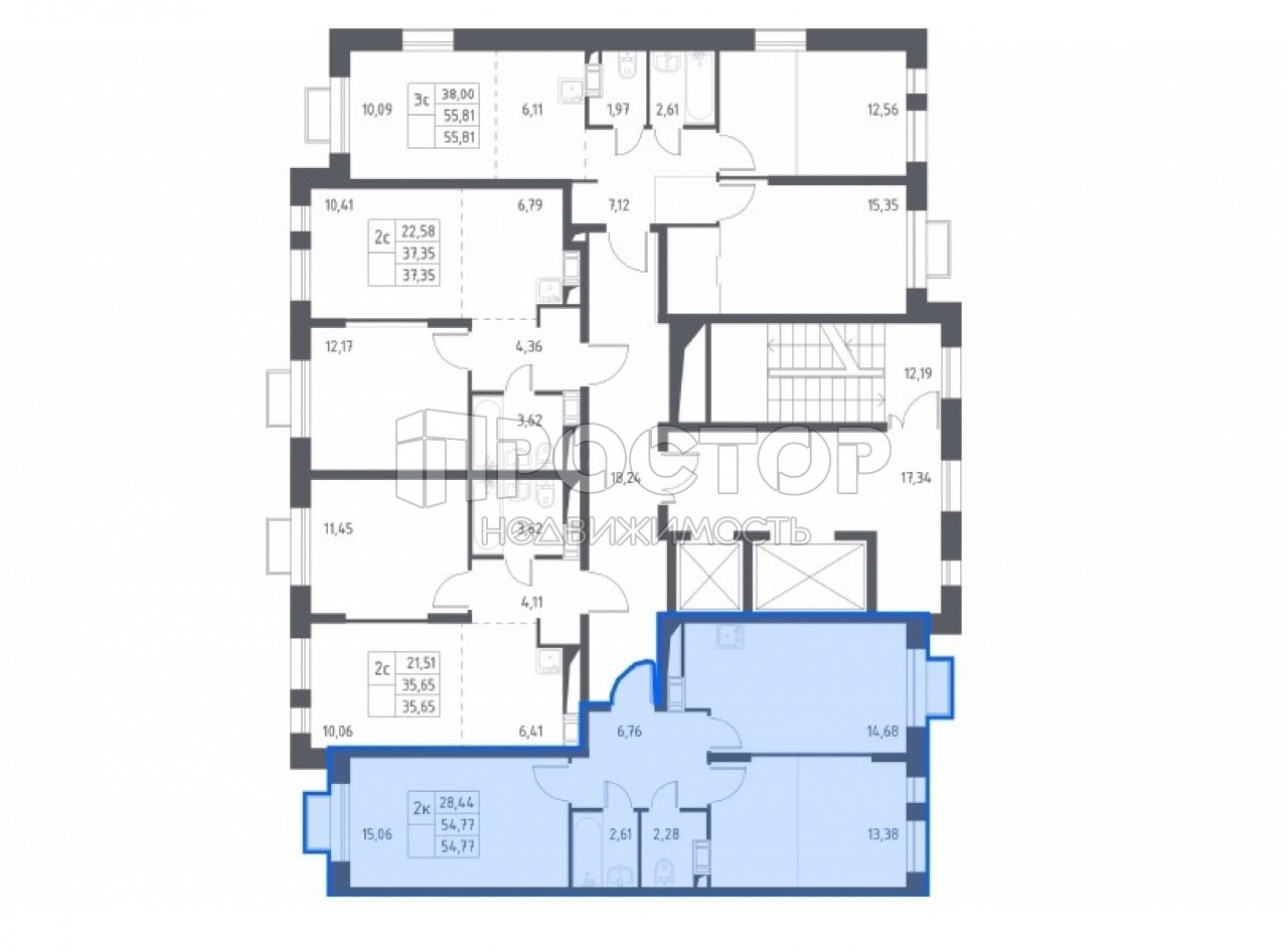 2-комнатная квартира, 54.77 м² - фото 3