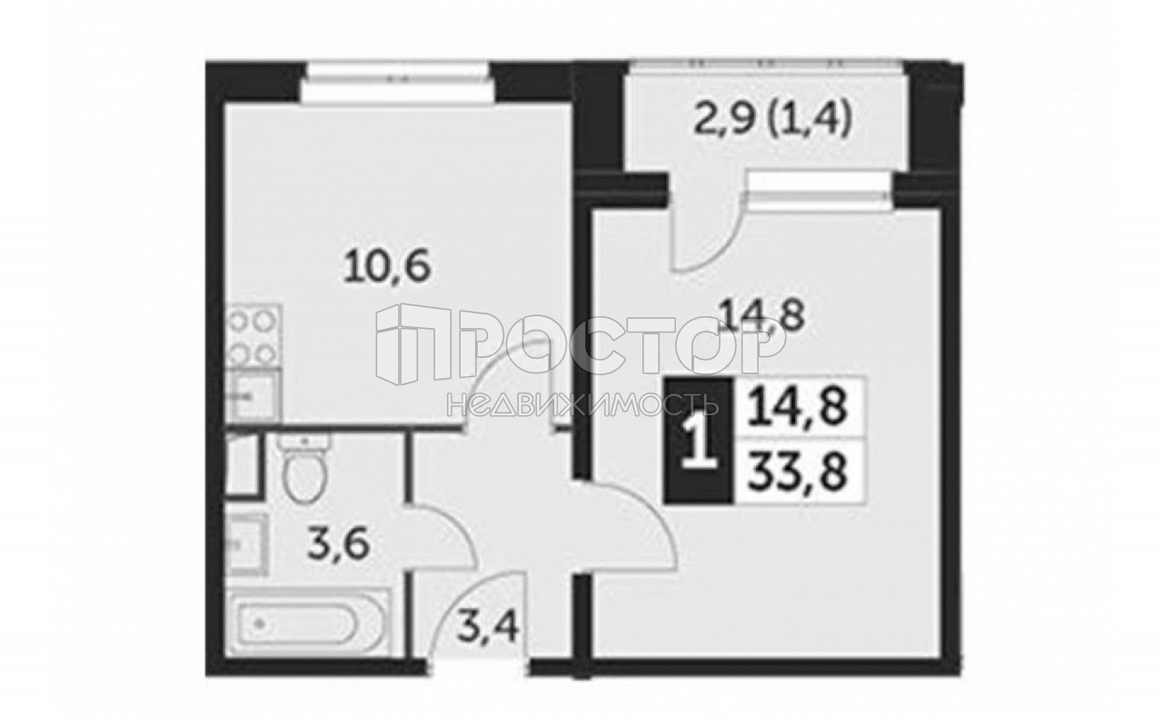 1-комнатная квартира, 34 м² - фото 2