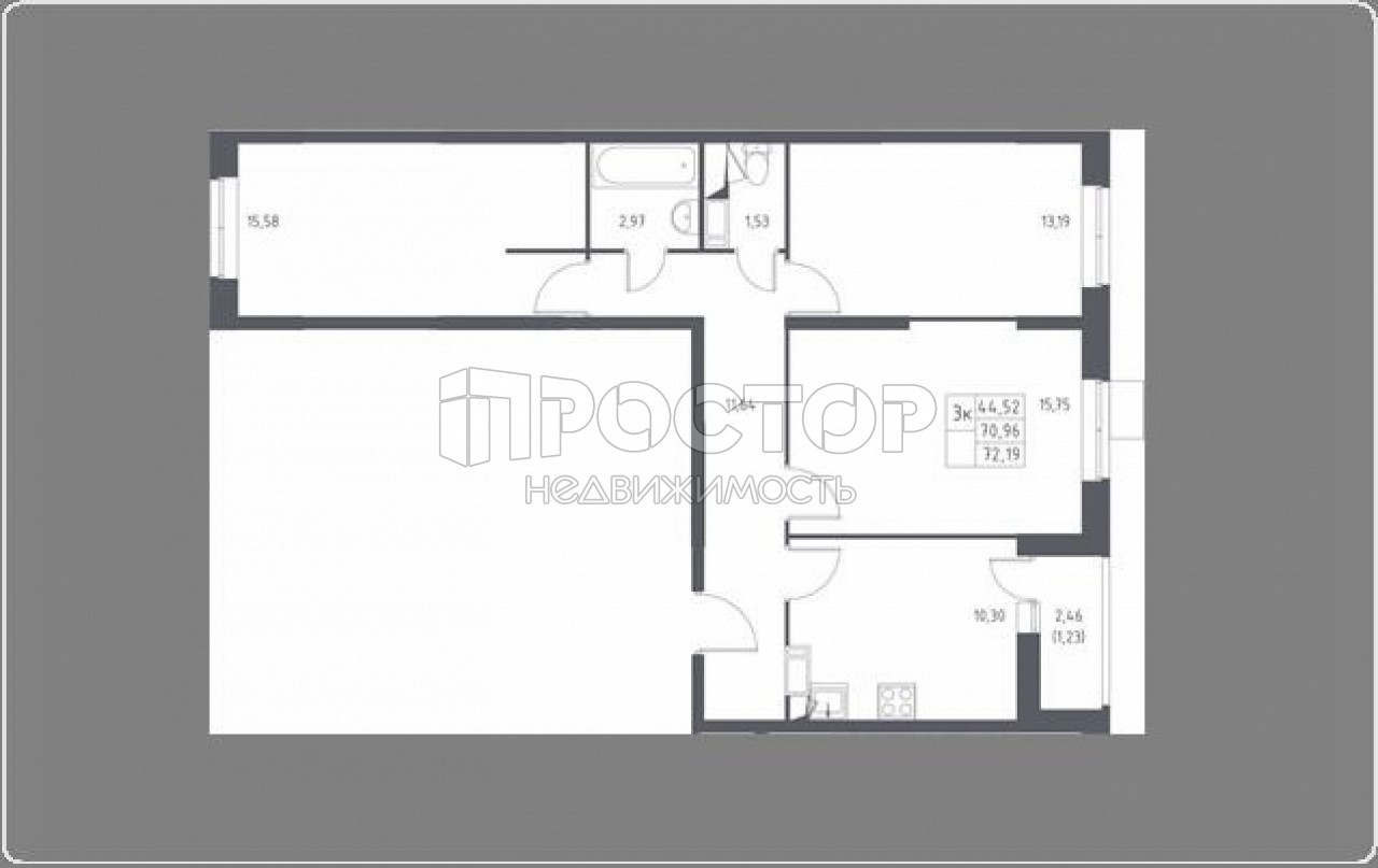 3-комнатная квартира, 72.19 м² - фото 2