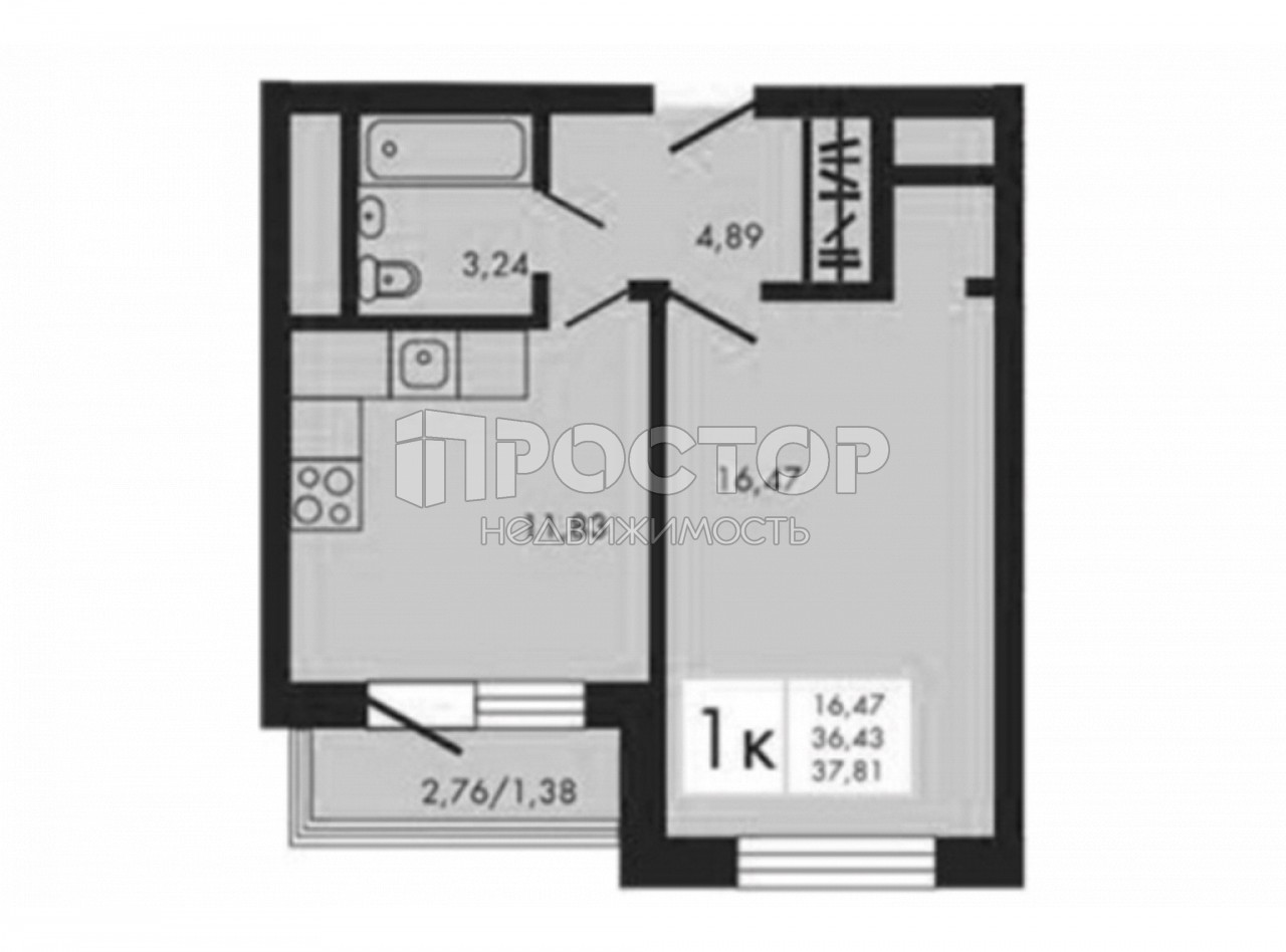 1-комнатная квартира, 37.81 м² - фото 3