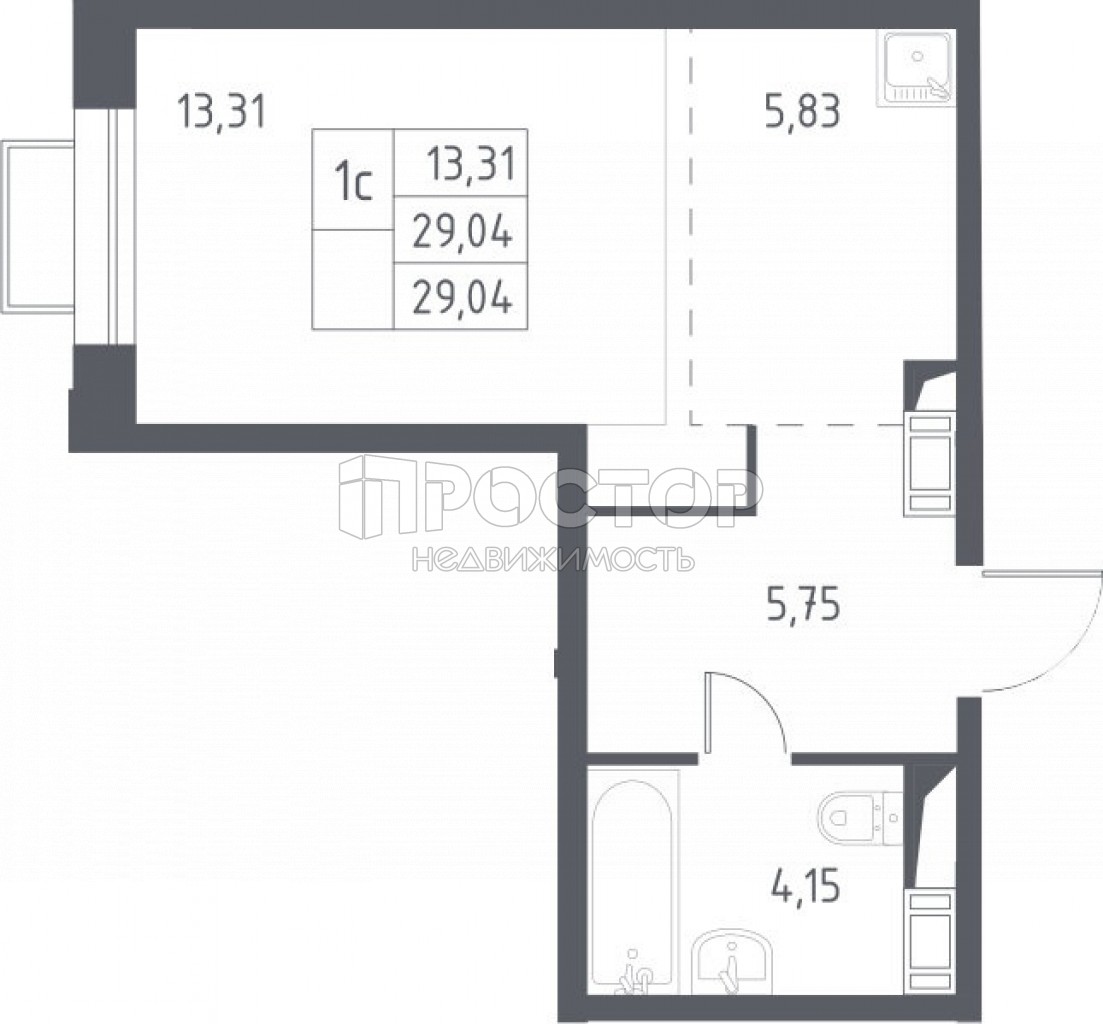 Студия, 29.04 м² - фото 2