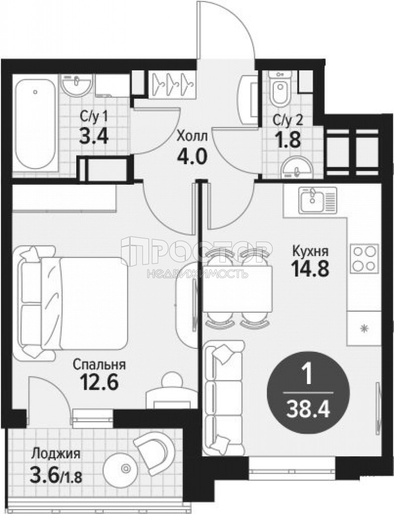 1-комнатная квартира, 38.4 м² - фото 2
