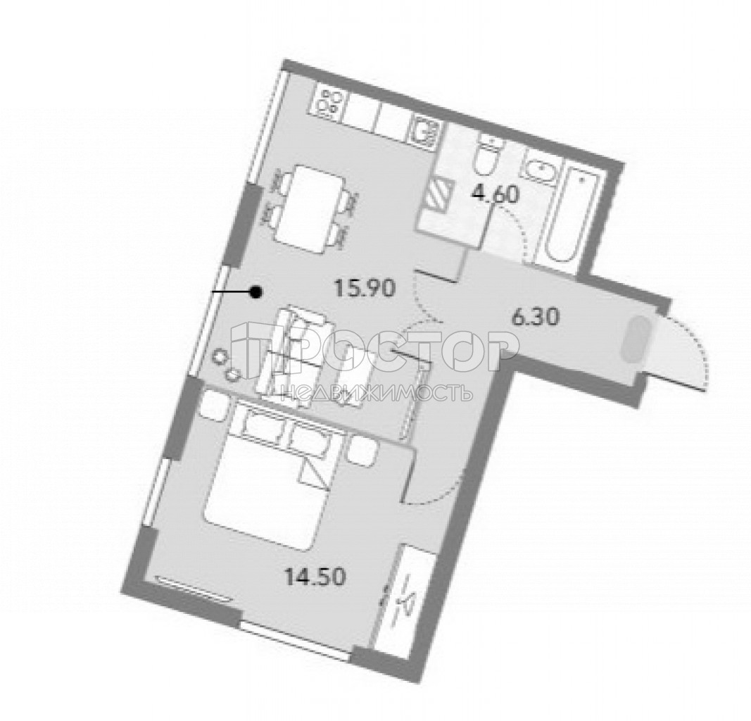 1-комнатная квартира, 41.3 м² - фото 2