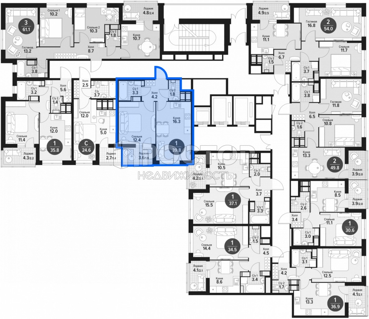 1-комнатная квартира, 39.8 м² - фото 3