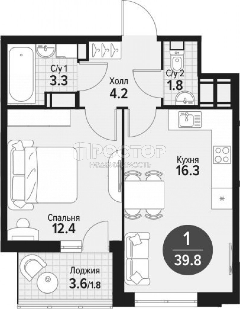 1-комнатная квартира, 39.8 м² - фото 2