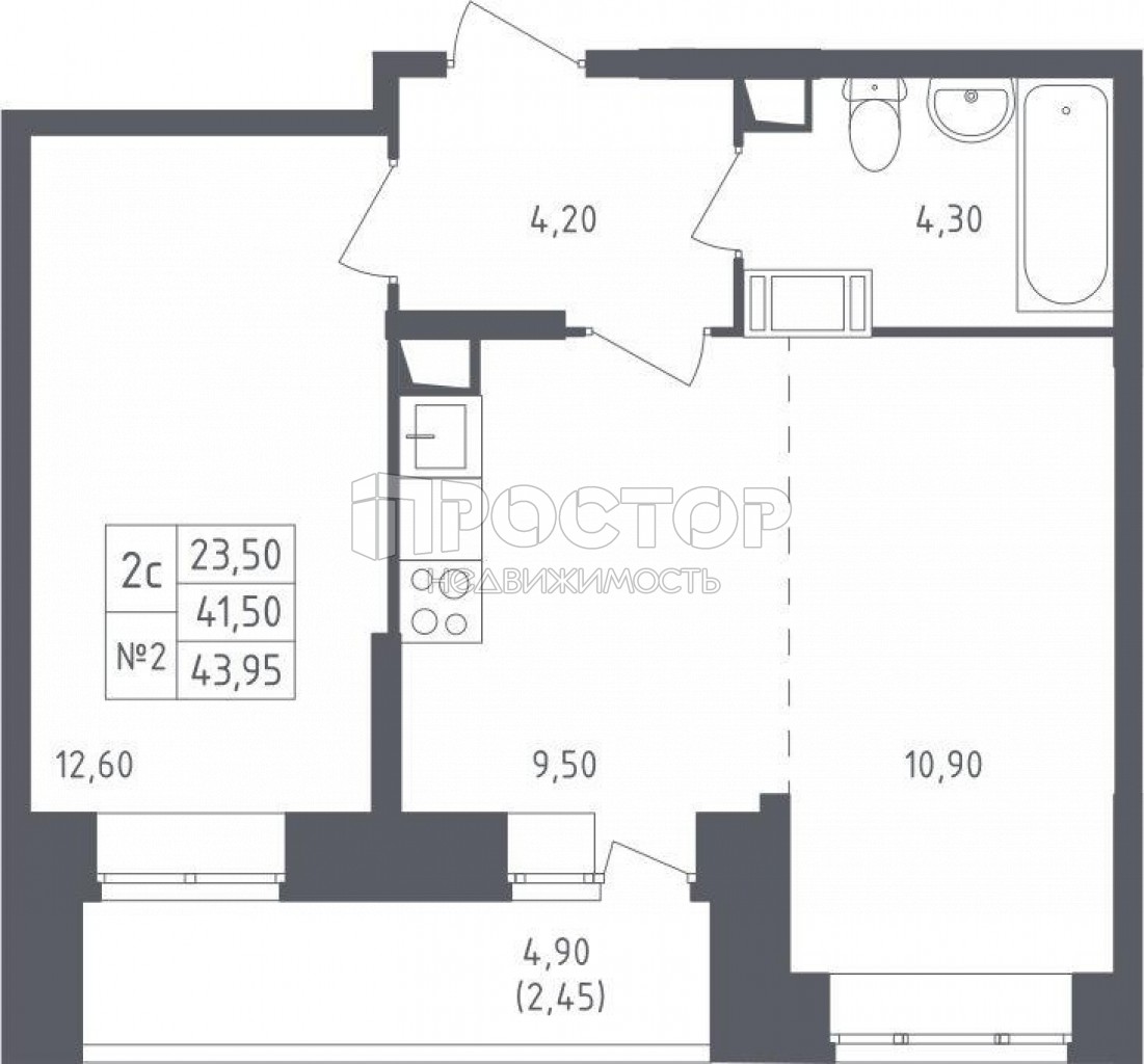 2-комнатная квартира, 43.95 м² - фото 2