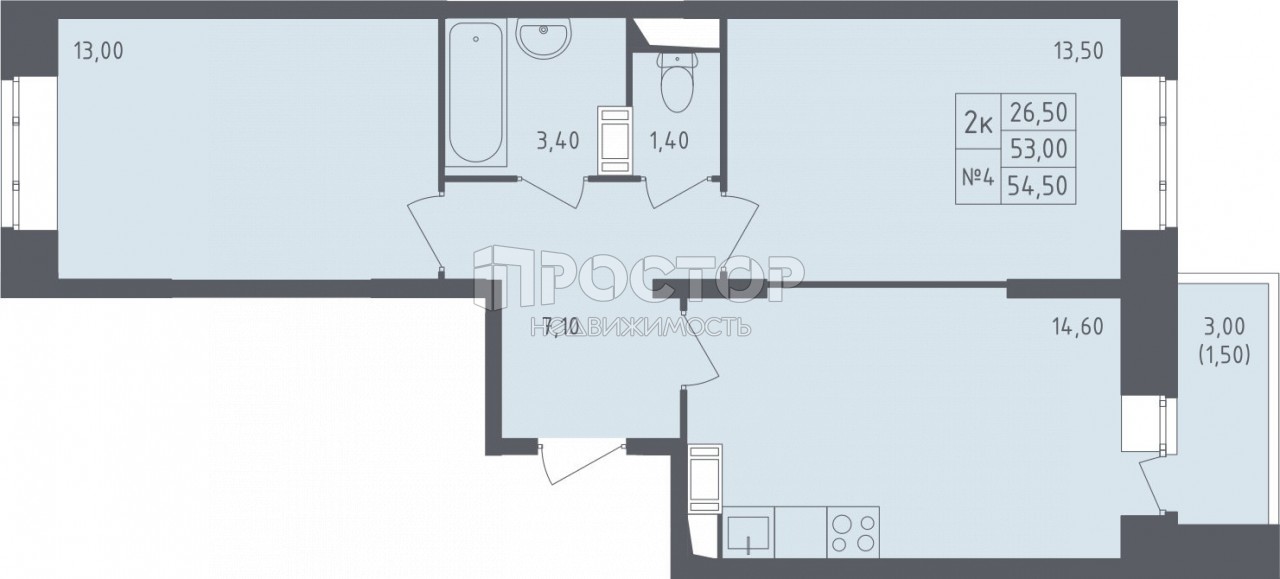 2-комнатная квартира, 55.4 м² - фото 2