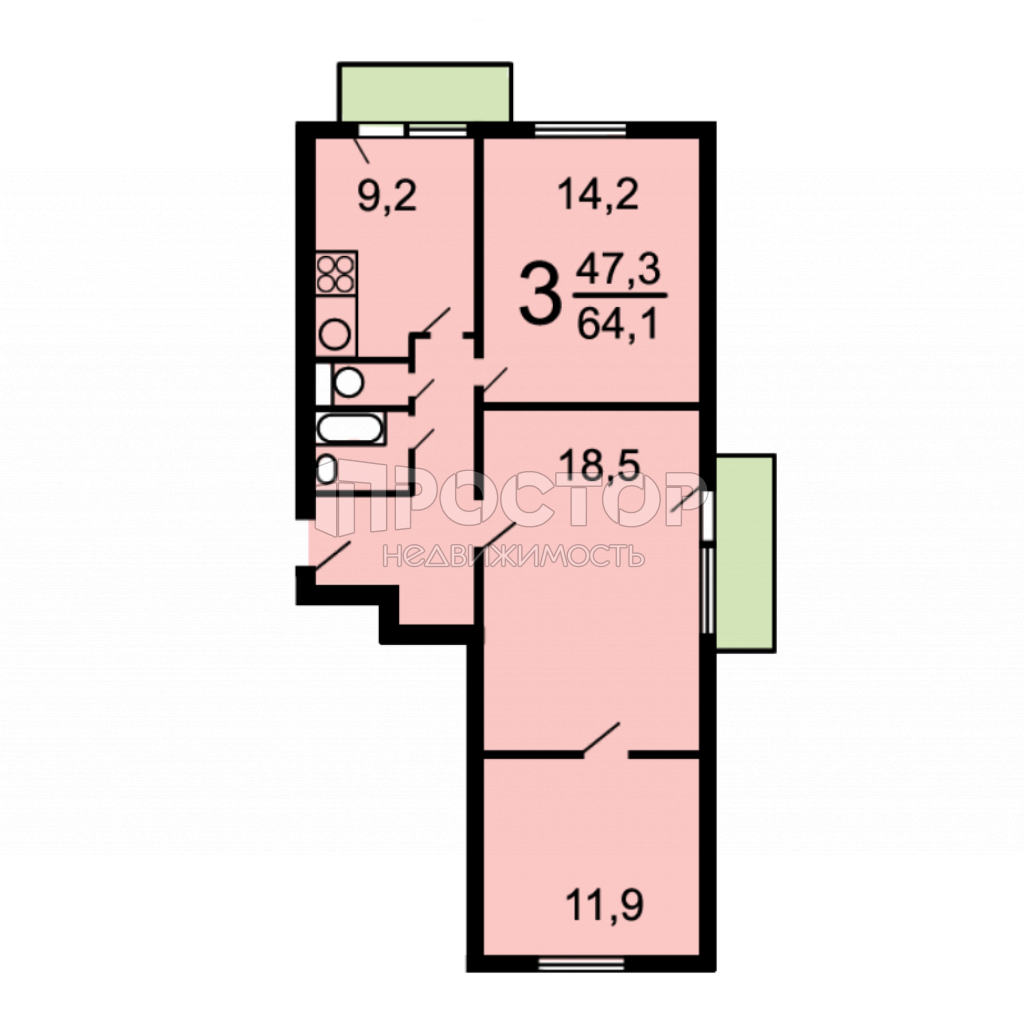 3-комнатная квартира, 65.3 м² - фото 14