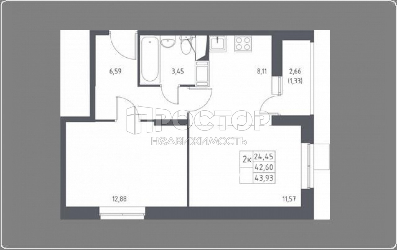 2-комнатная квартира, 43.93 м² - фото 2