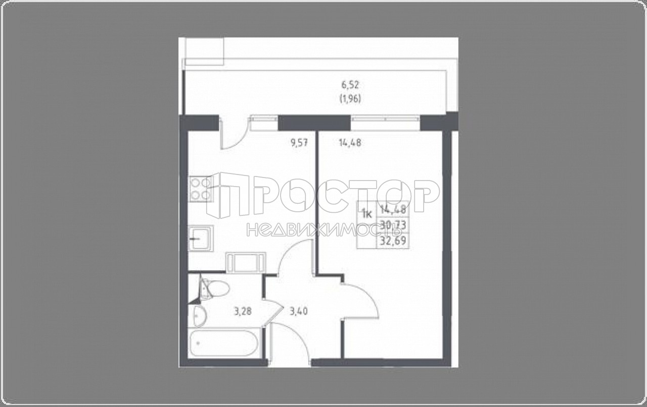 1-комнатная квартира, 32.69 м² - фото 2