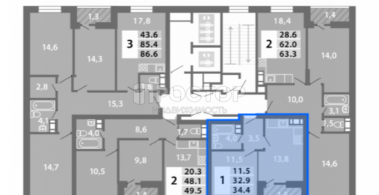 1-комнатная квартира, 33.88 м² - фото 2