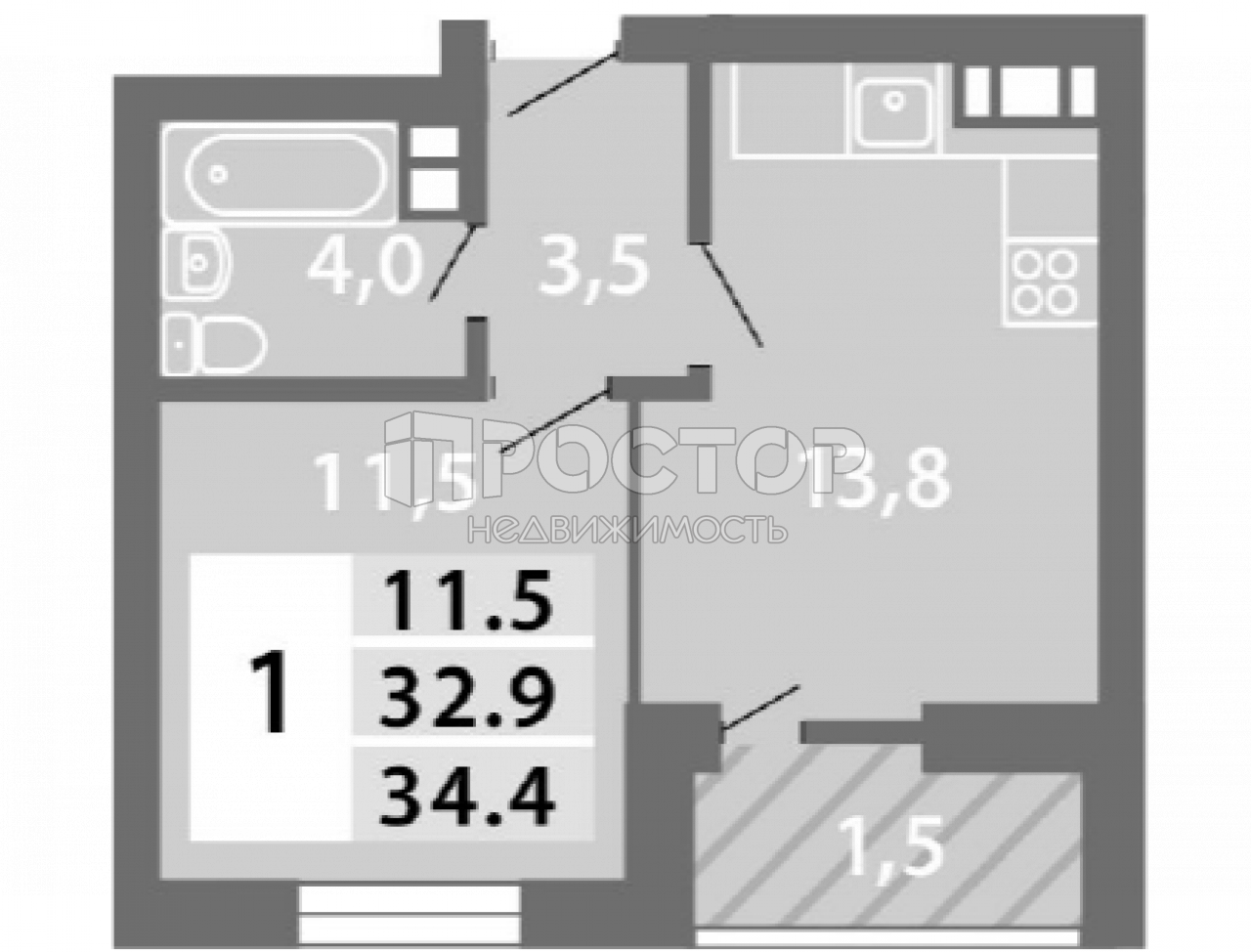 1-комнатная квартира, 33.88 м² - фото 3