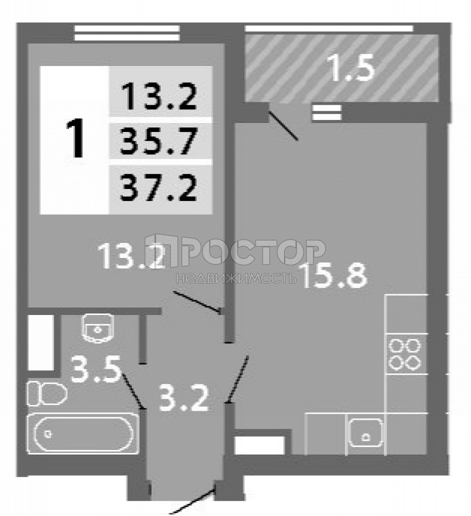 2-комнатная квартира, 37.22 м² - фото 3